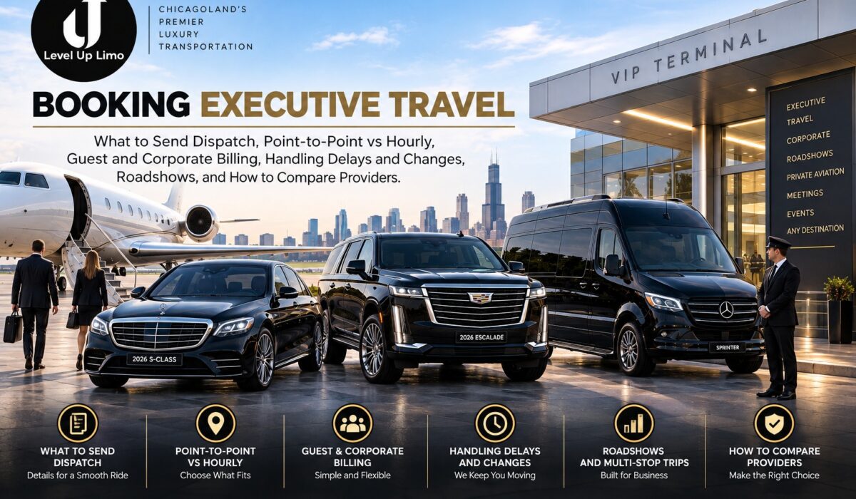 Booking executive travel in Chicago, with a black Mercedes S-Class, Cadillac Escalade and Sprinter van and a chauffeur at a private terminal with a jet and the Chicago skyline