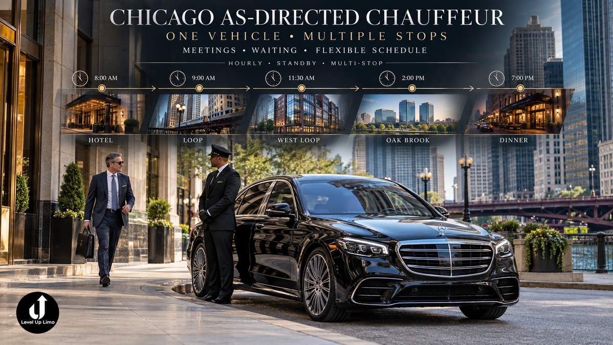 Chicago as-directed chauffeur service with a Mercedes-Benz S-Class for hourly standby and multi-stop executive travel