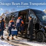 Chicago Bears fans transportation with a black Mercedes Sprinter and chauffeur picking up fans in navy and orange on a snowy game day