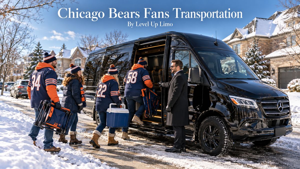 Chicago Bears fans transportation with a black Mercedes Sprinter and chauffeur picking up fans in navy and orange on a snowy game day