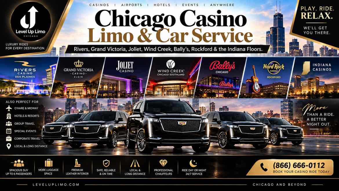 Level Up Limo Chicago casino limo and car service — Escalade SUV fleet with Rivers, Grand Victoria, Joliet, Wind Creek, Bally's, Hard Rock Rockford, and Indiana casinos