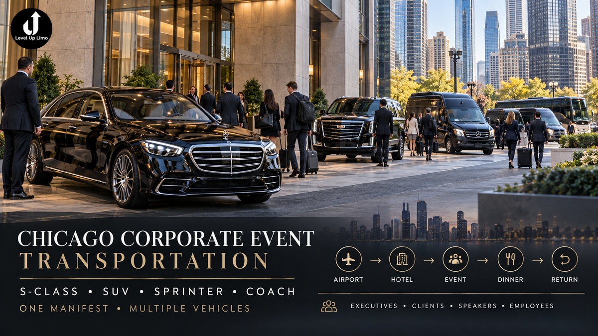Chicago corporate event transportation with S-Class, Cadillac Escalade, Mercedes Sprinters and coach for executives, clients and employees
