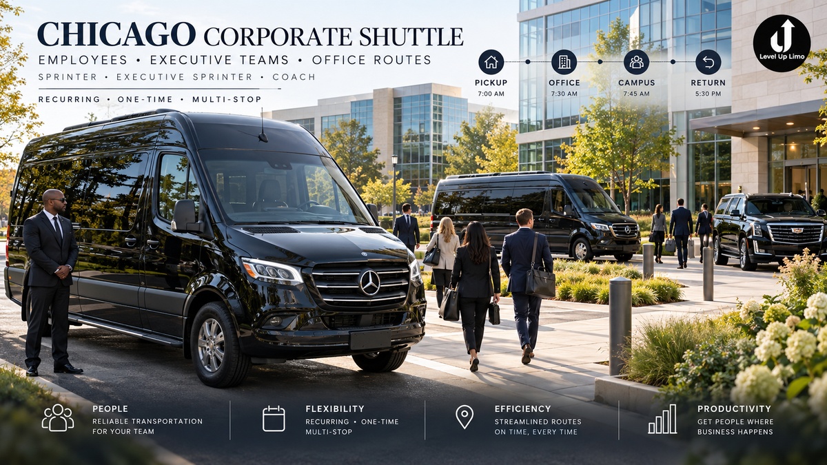 Chicago corporate shuttle service with Mercedes Sprinter vehicles for employee routes, executive teams and office transportation