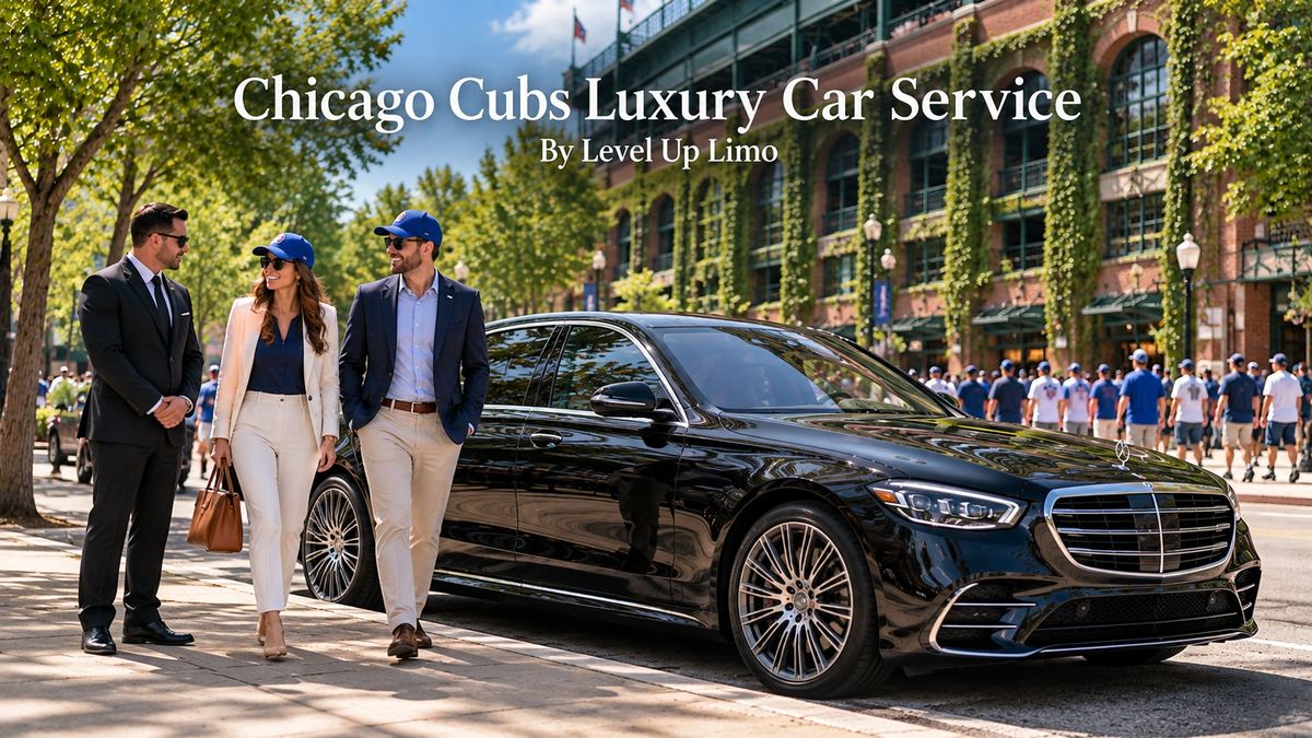 Chicago Cubs luxury car service with a black Mercedes S-Class and chauffeur outside a historic brick ballpark on a sunny afternoon