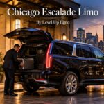 Chicago Escalade limo with a black 2026 Cadillac Escalade and chauffeur loading luggage outside a downtown Chicago hotel