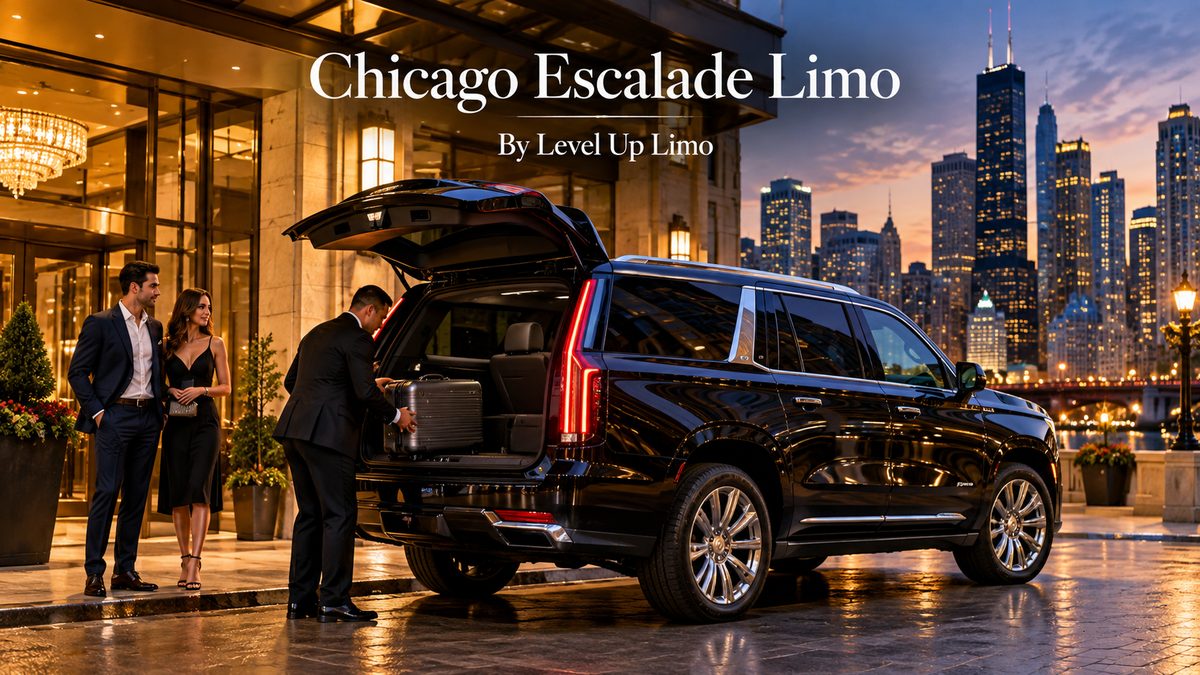Chicago Escalade limo with a black 2026 Cadillac Escalade and chauffeur loading luggage outside a downtown Chicago hotel