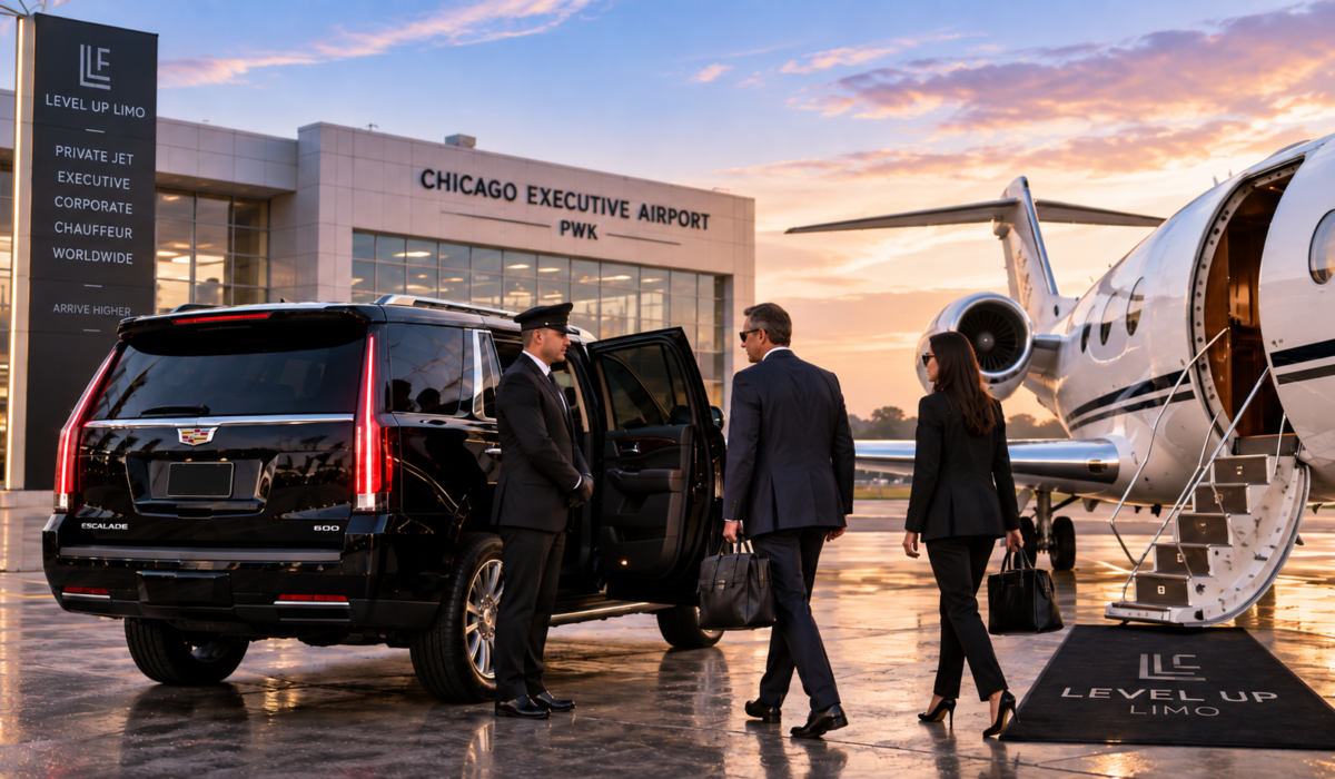 Chicago Executive Airport private jet limo with a latest-model black luxury SUV, professional chauffeur and private jet at a PWK FBO.