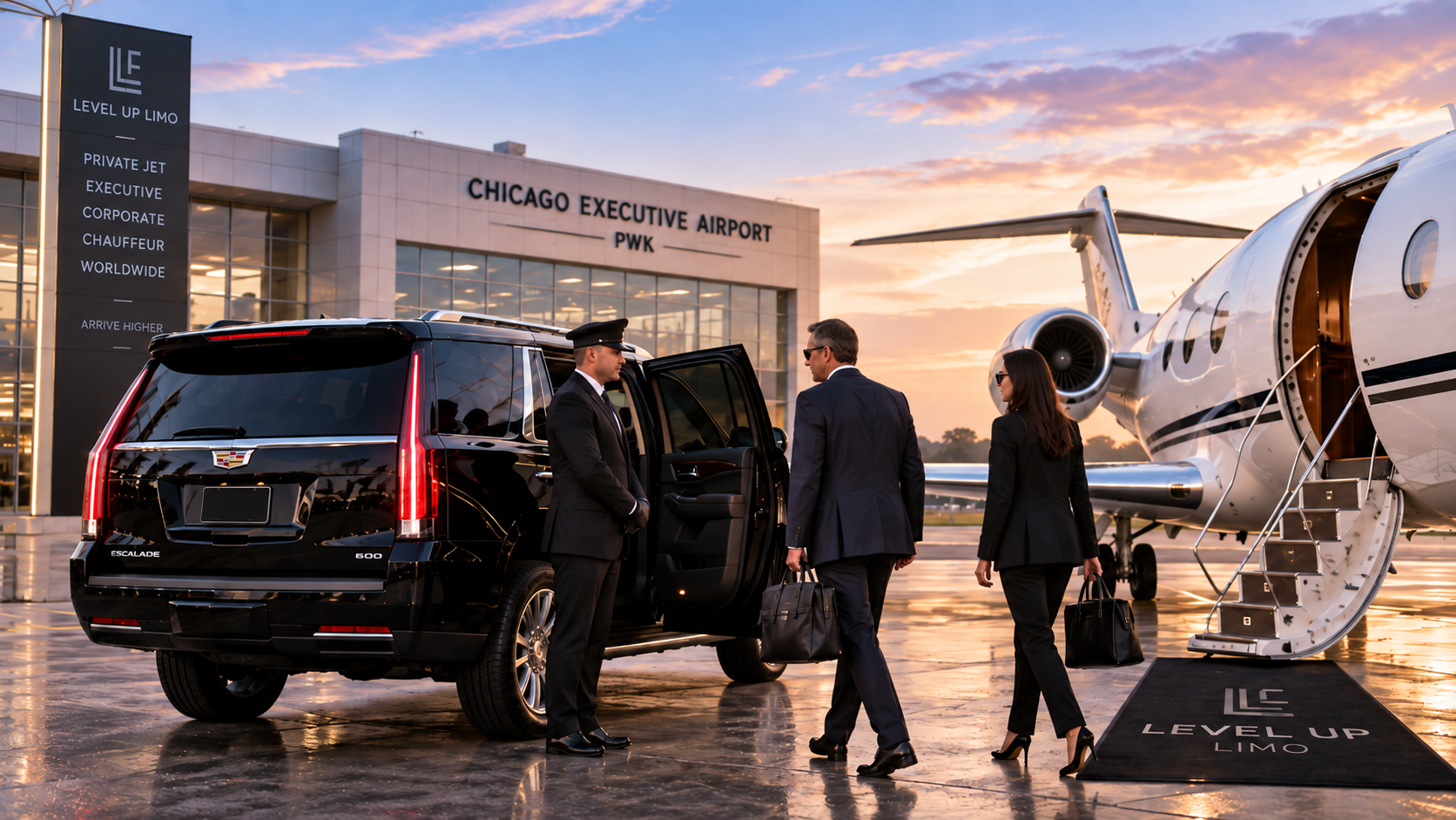 Chicago Executive Airport private jet limo with a latest-model black luxury SUV, professional chauffeur and private jet at a PWK FBO.