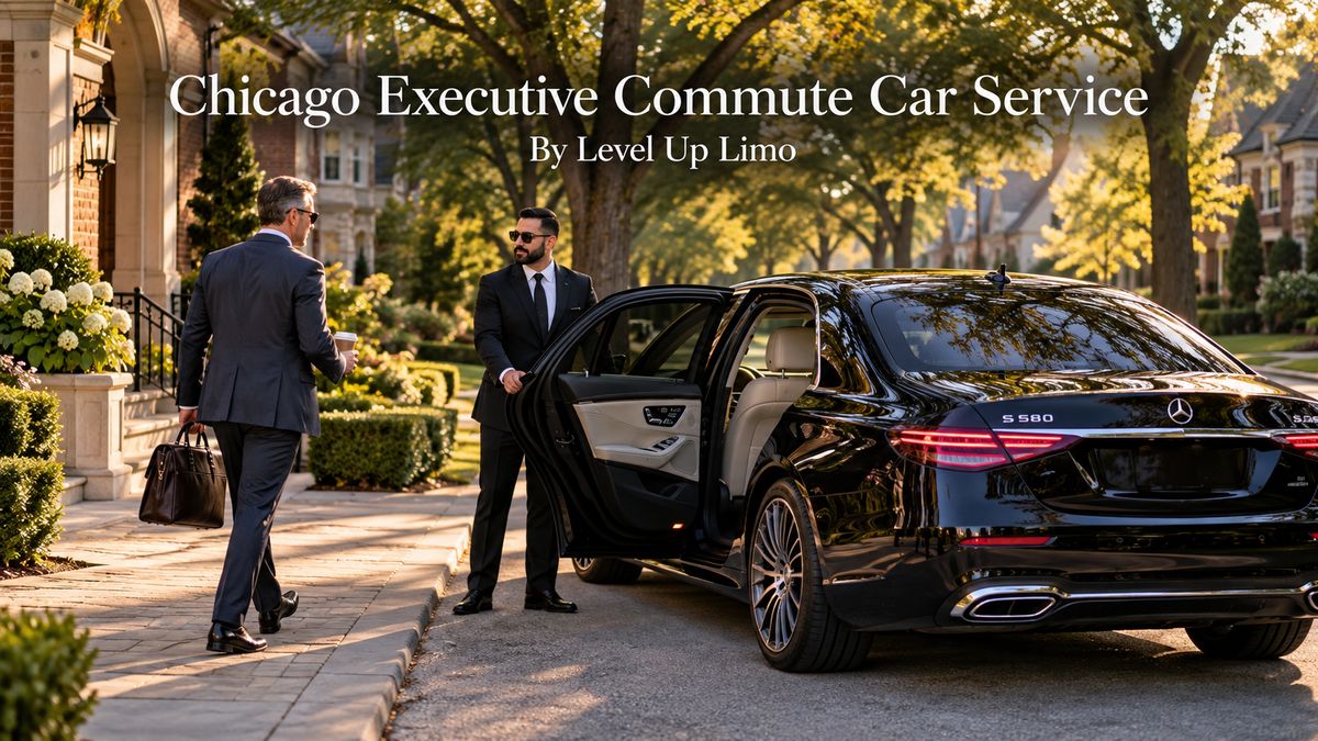 Chicago executive commute car service with a black Mercedes S-Class and chauffeur picking up an executive outside a suburban home at dawn