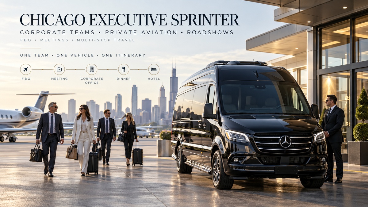 Chicago executive Sprinter with corporate travelers and private jet for business team transportation and multi-stop travel