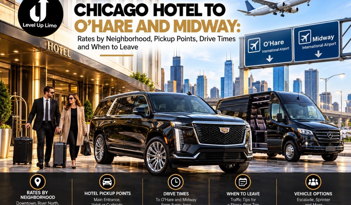Chicago hotel to O'Hare and Midway car service, with a black Cadillac Escalade and Mercedes Sprinter van at a downtown hotel entrance as travelers with luggage walk out
