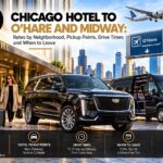Chicago hotel to O'Hare and Midway car service, with a black Cadillac Escalade and Mercedes Sprinter van at a downtown hotel entrance as travelers with luggage walk out