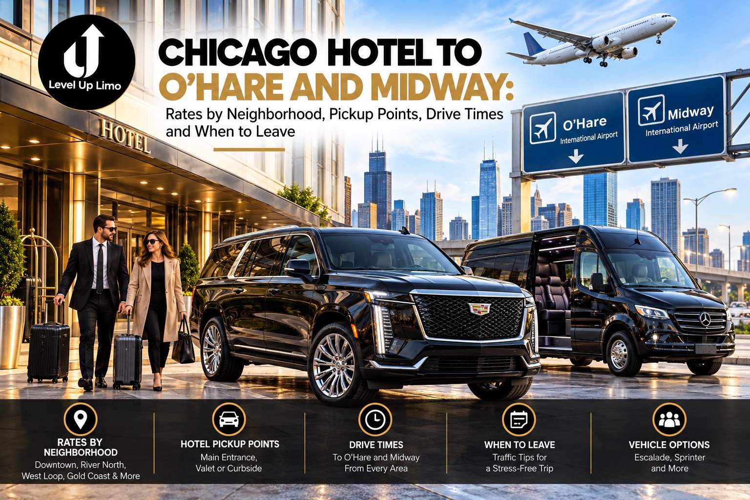 Chicago hotel to O'Hare and Midway car service, with a black Cadillac Escalade and Mercedes Sprinter van at a downtown hotel entrance as travelers with luggage walk out