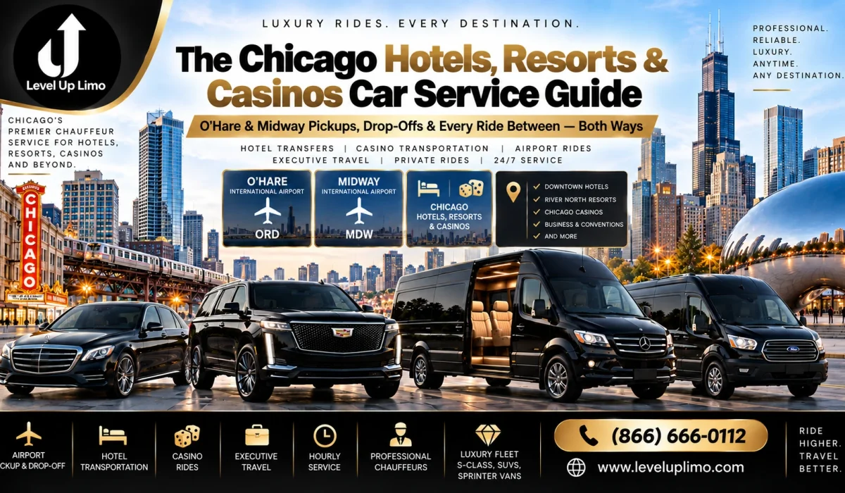 Level Up Limo Chicago hotels, resorts and casinos car service — luxury sedan, Escalade SUV, and Sprinter vans with O'Hare, Midway, and the Chicago skyline