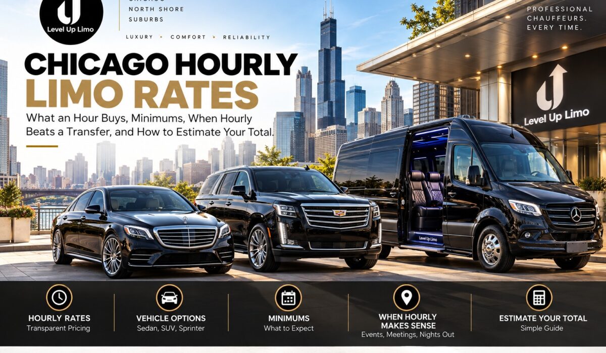 Chicago hourly limo rates, with a black Mercedes S-Class sedan, Cadillac Escalade and Sprinter van outside a Level Up Limo building with the Chicago skyline behind