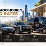 Chicago hourly limo rates, with a black Mercedes S-Class sedan, Cadillac Escalade and Sprinter van outside a Level Up Limo building with the Chicago skyline behind