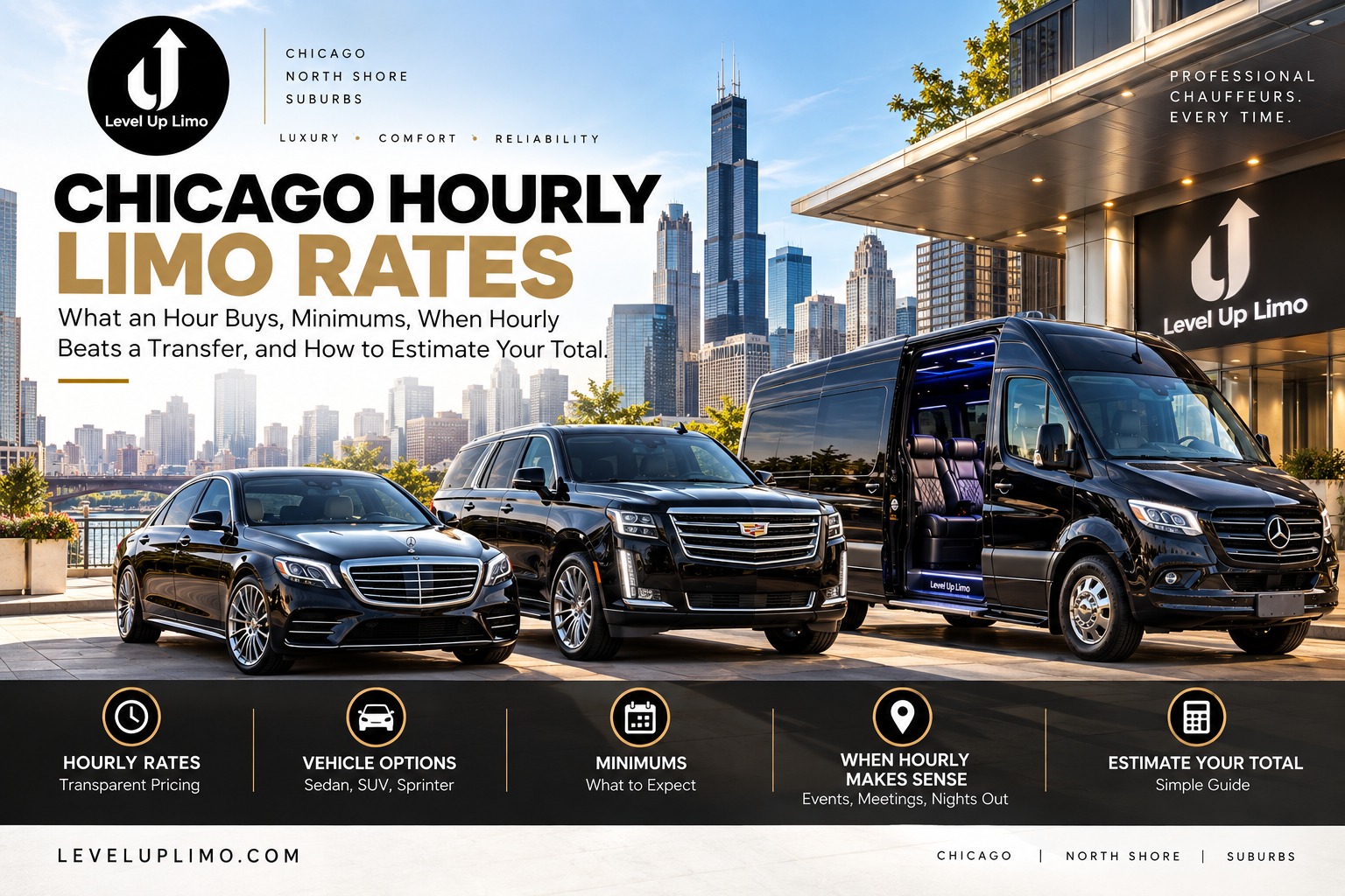 Chicago hourly limo rates, with a black Mercedes S-Class sedan, Cadillac Escalade and Sprinter van outside a Level Up Limo building with the Chicago skyline behind