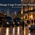 Chicago large event limo planning with a coach bus, Mercedes Sprinters and a black S-Class lined up outside a gala venue at night