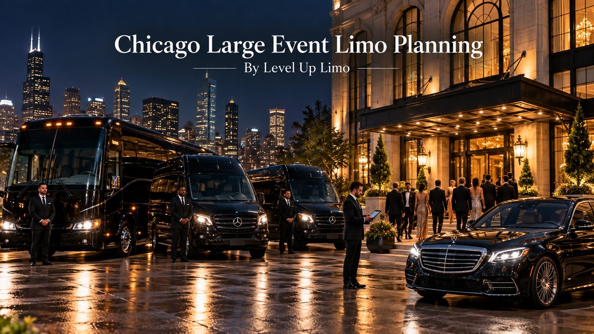 Chicago large event limo planning with a coach bus, Mercedes Sprinters and a black S-Class lined up outside a gala venue at night