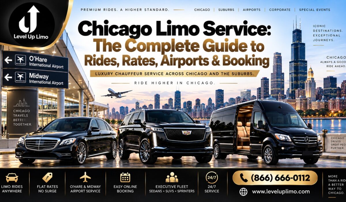 Level Up Limo Chicago limo service guide — luxury sedan, Cadillac Escalade SUV, and Mercedes Sprinter van with O'Hare and Midway airport signs and the Chicago skyline