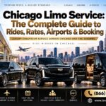 Level Up Limo Chicago limo service guide — luxury sedan, Cadillac Escalade SUV, and Mercedes Sprinter van with O'Hare and Midway airport signs and the Chicago skyline