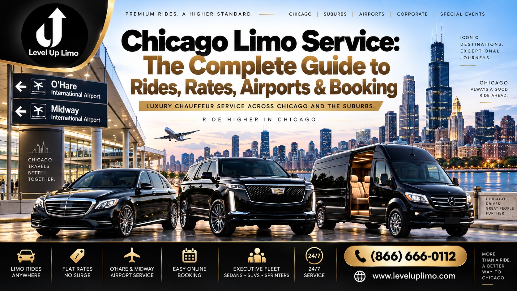 Level Up Limo Chicago limo service guide — luxury sedan, Cadillac Escalade SUV, and Mercedes Sprinter van with O'Hare and Midway airport signs and the Chicago skyline