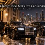 Chicago New Year's Eve car service with a black Rolls-Royce Phantom and chauffeur outside a downtown hotel as fireworks light the skyline