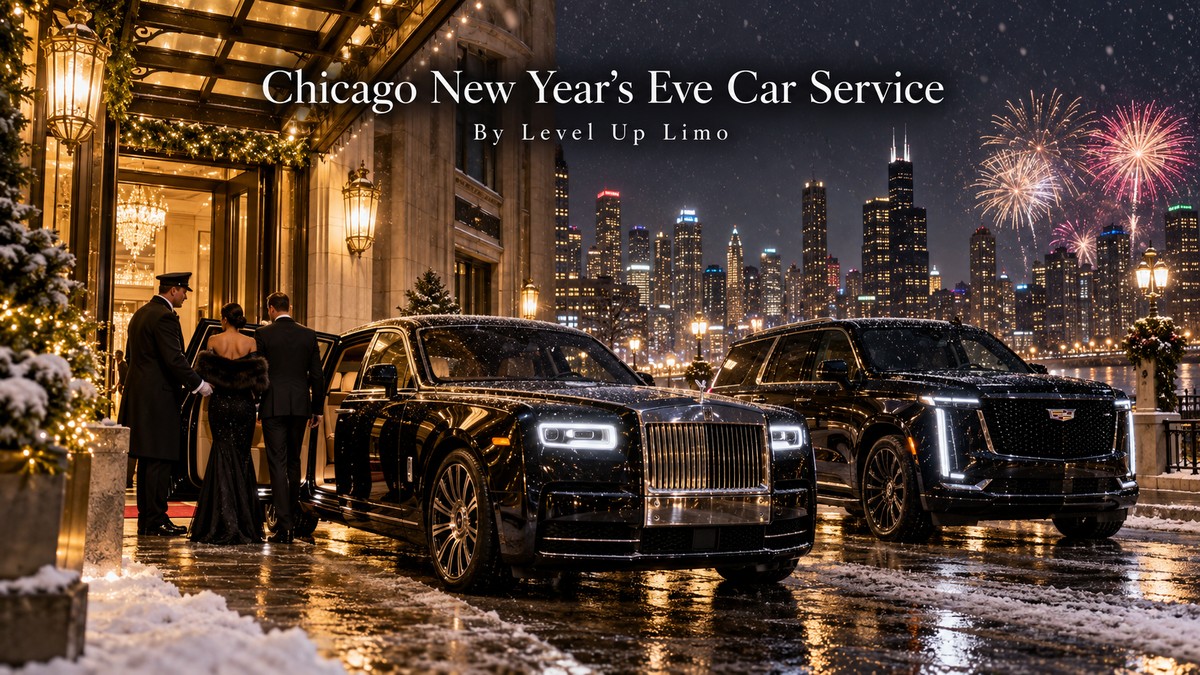 Chicago New Year's Eve car service with a black Rolls-Royce Phantom and chauffeur outside a downtown hotel as fireworks light the skyline