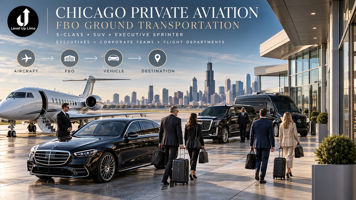 Chicago private aviation ground transportation with S-Class, Cadillac Escalade and Executive Sprinter at a private FBO