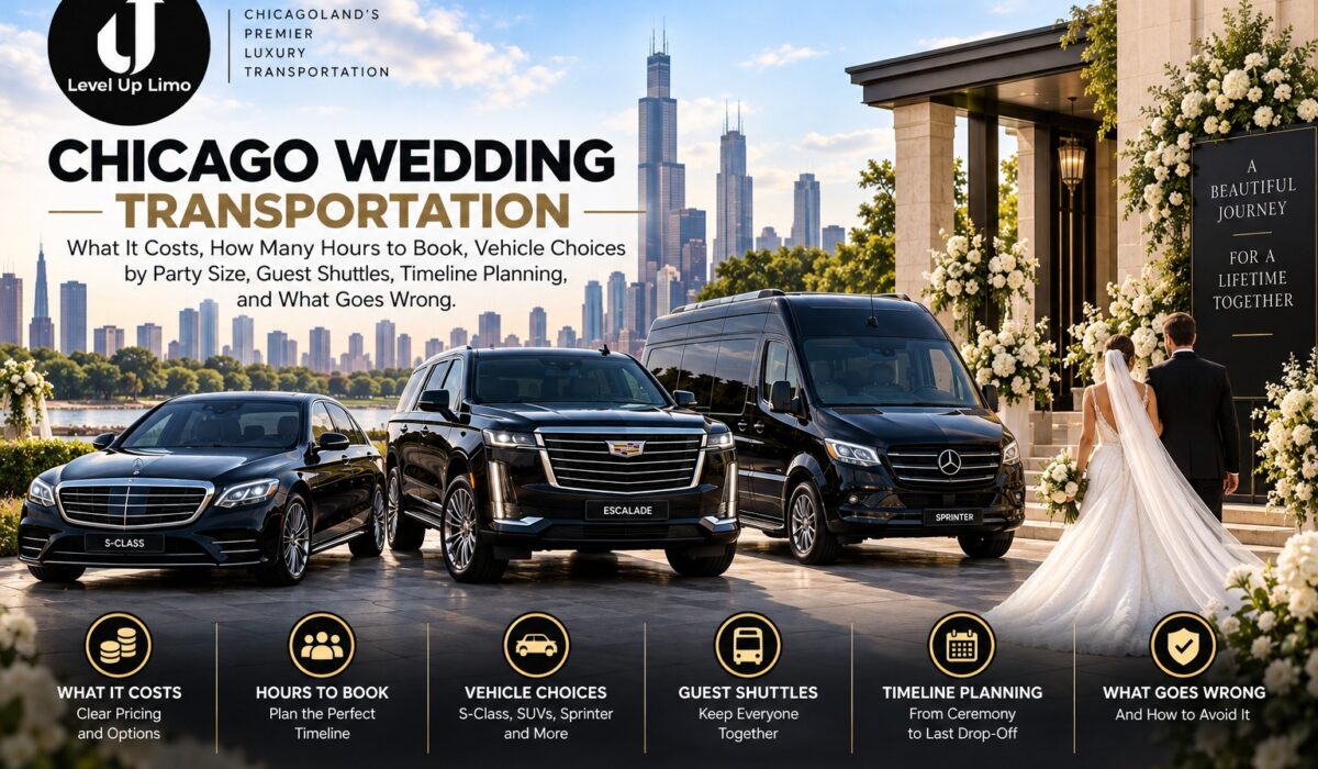 Chicago wedding transportation with a black Mercedes S-Class, Cadillac Escalade and Sprinter van at a venue entrance, with a bride and groom and the Chicago skyline behind