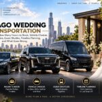 Chicago wedding transportation with a black Mercedes S-Class, Cadillac Escalade and Sprinter van at a venue entrance, with a bride and groom and the Chicago skyline behind