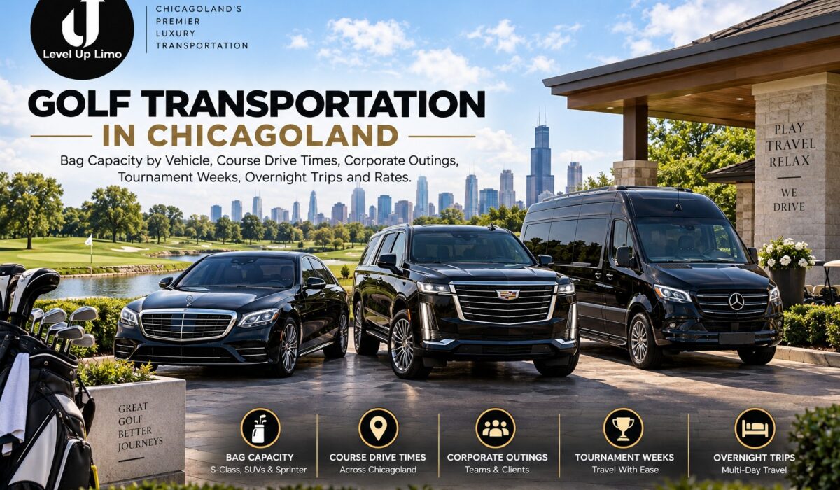 Golf transportation in Chicagoland, with a black Mercedes S-Class sedan, Cadillac Escalade and Sprinter van at a golf club entrance with golf bags and the Chicago skyline behind