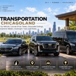 Golf transportation in Chicagoland, with a black Mercedes S-Class sedan, Cadillac Escalade and Sprinter van at a golf club entrance with golf bags and the Chicago skyline behind