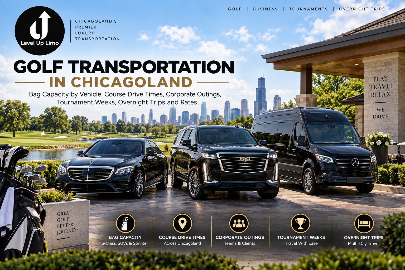 Golf transportation in Chicagoland, with a black Mercedes S-Class sedan, Cadillac Escalade and Sprinter van at a golf club entrance with golf bags and the Chicago skyline behind