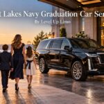Great Lakes Navy graduation car service with a black 2026 Cadillac Escalade and chauffeur greeting a family at dawn before graduation