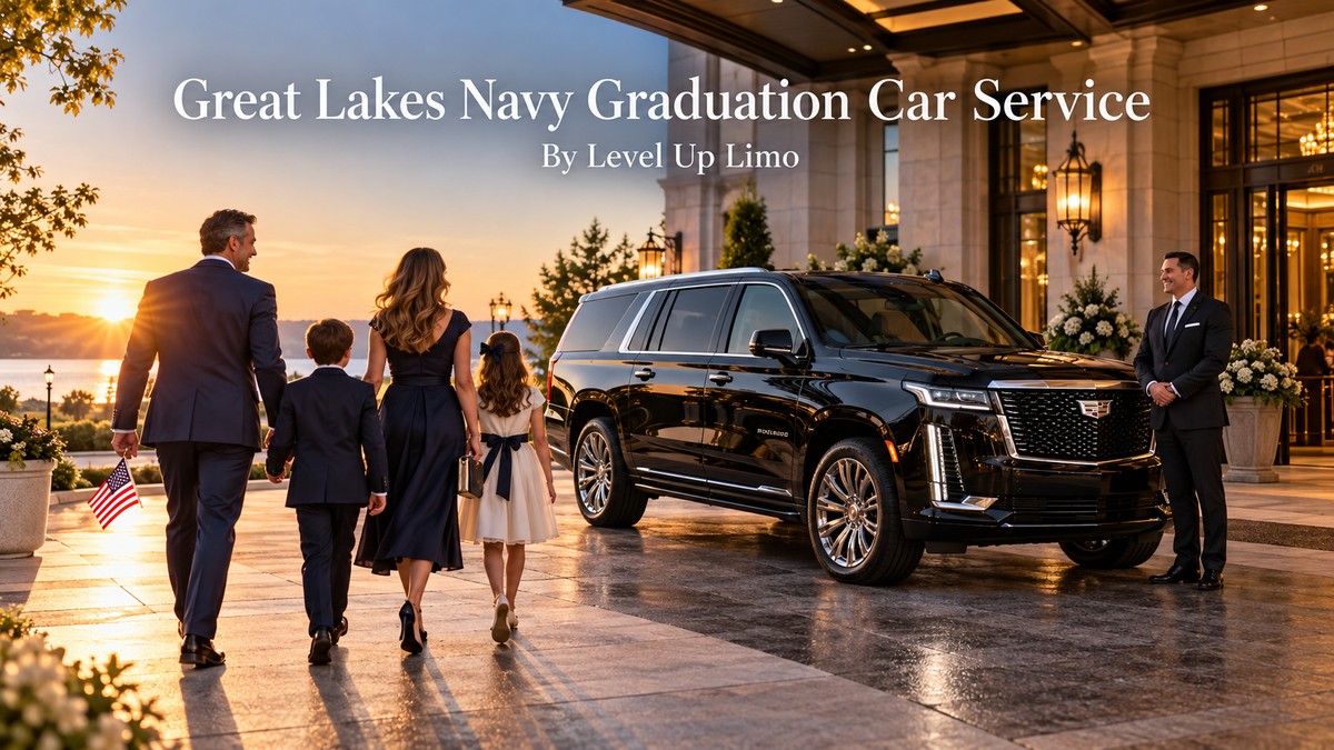 Great Lakes Navy graduation car service with a black 2026 Cadillac Escalade and chauffeur greeting a family at dawn before graduation