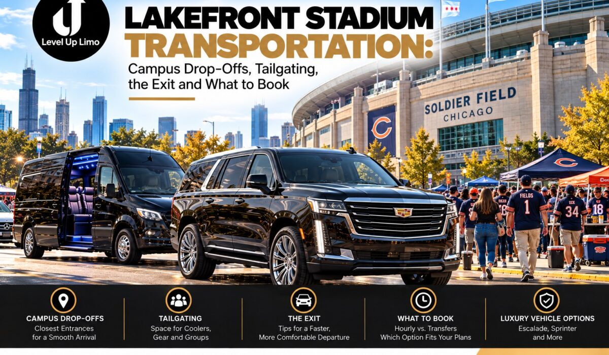 Level Up Limo Escalade and Sprinter van at Soldier Field on Chicago's lakefront with fans tailgating before a game