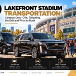 Level Up Limo Escalade and Sprinter van at Soldier Field on Chicago's lakefront with fans tailgating before a game