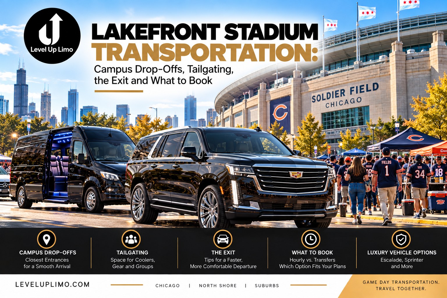 Level Up Limo Escalade and Sprinter van at Soldier Field on Chicago's lakefront with fans tailgating before a game