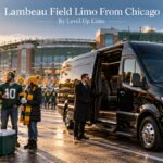 Lambeau Field limo from Chicago with a black Mercedes Sprinter parked near a football stadium as fans in green and gold tailgate