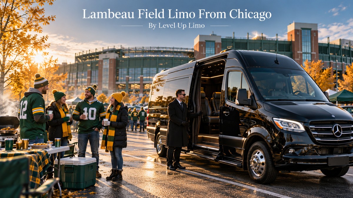 Lambeau Field limo from Chicago with a black Mercedes Sprinter parked near a football stadium as fans in green and gold tailgate