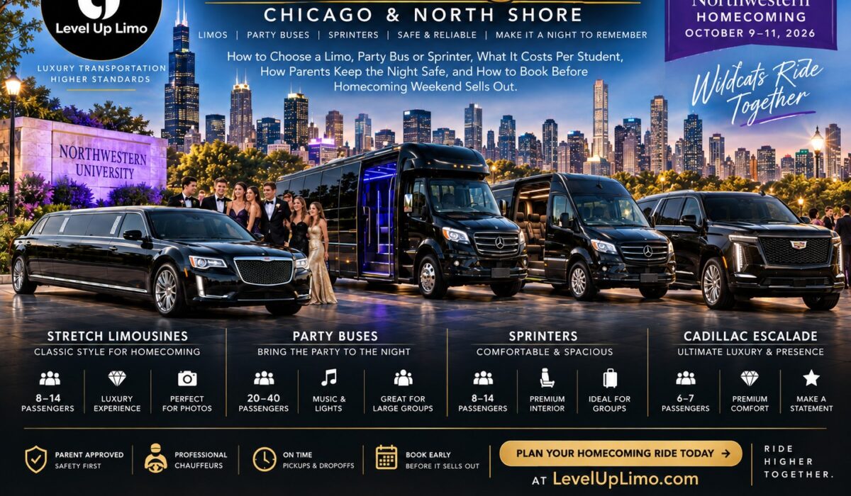 Homecoming 2026 limo, party bus and Sprinter rentals in Chicago and the North Shore by Level Up Limo: choosing a vehicle, cost per student, parent safety tips and booking before homecoming weekend sells out