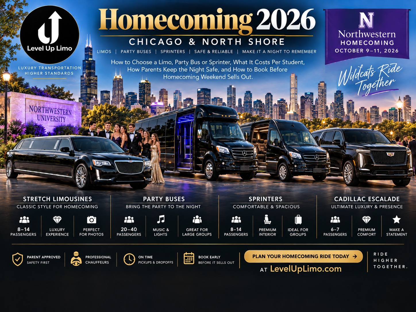 Homecoming 2026 limo, party bus and Sprinter rentals in Chicago and the North Shore by Level Up Limo: choosing a vehicle, cost per student, parent safety tips and booking before homecoming weekend sells out