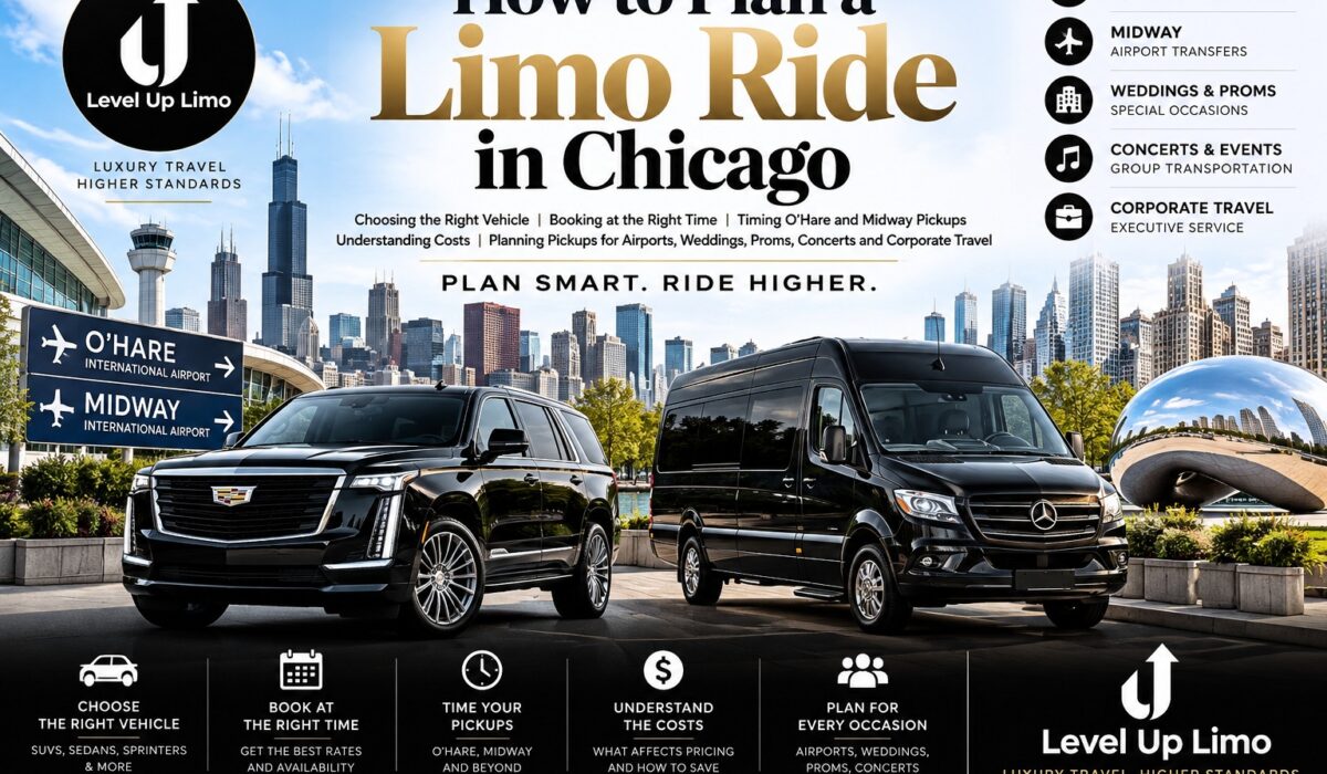 How to plan a limo ride in Chicago with Level Up Limo: choosing a Cadillac Escalade or Mercedes Sprinter, booking timing, O'Hare and Midway pickups, costs, and weddings, proms, concerts and corporate travel