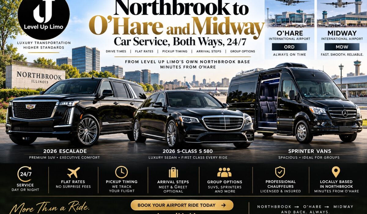 Northbrook to O'Hare and Midway car service by Level Up Limo: 24/7 flat-rate rides both ways in a 2026 Cadillac Escalade, 2026 Mercedes S580 or Sprinter van, with flight tracking and meet and greet