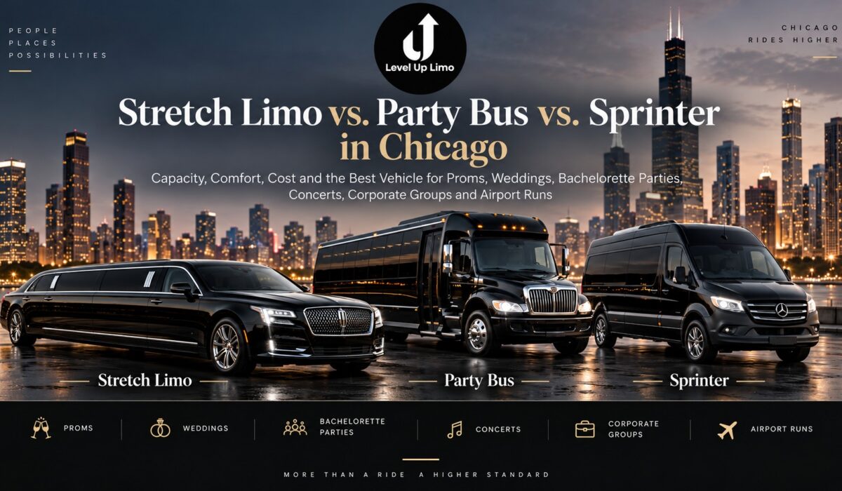 Stretch limo vs. party bus vs. Sprinter in Chicago by Level Up Limo: comparing capacity, comfort and cost for proms, weddings, bachelorette parties, concerts, corporate groups and airport runs
