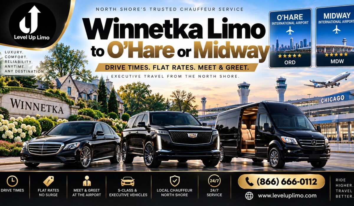 Level Up Limo Winnetka to O'Hare and Midway airport car service — luxury sedan, Cadillac Escalade SUV, and Mercedes Sprinter van, North Shore chauffeur service, (866) 666-0112