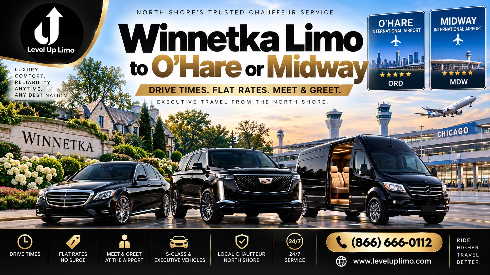 Level Up Limo Winnetka to O'Hare and Midway airport car service — luxury sedan, Cadillac Escalade SUV, and Mercedes Sprinter van, North Shore chauffeur service, (866) 666-0112