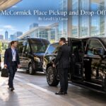McCormick Place pickup and drop-off with a black Cadillac Escalade and Mercedes Sprinter at a convention center gate as attendees with badges walk out