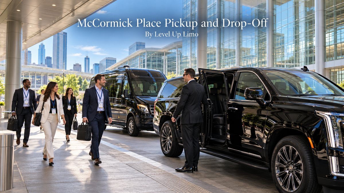 McCormick Place pickup and drop-off with a black Cadillac Escalade and Mercedes Sprinter at a convention center gate as attendees with badges walk out